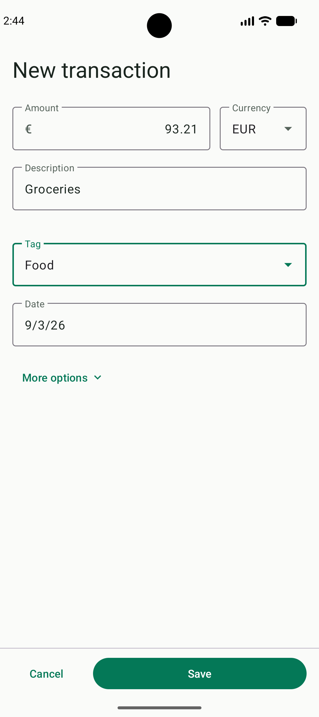 Create transaction page